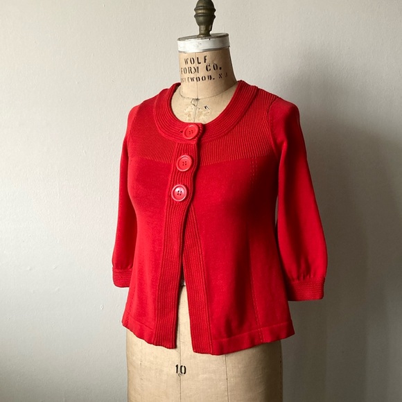 NWOT H&M Cherry Red Knit Cardigan | Chunky Big Buttons | 3/4 Sleeve | sz XS - Picture 3 of 8